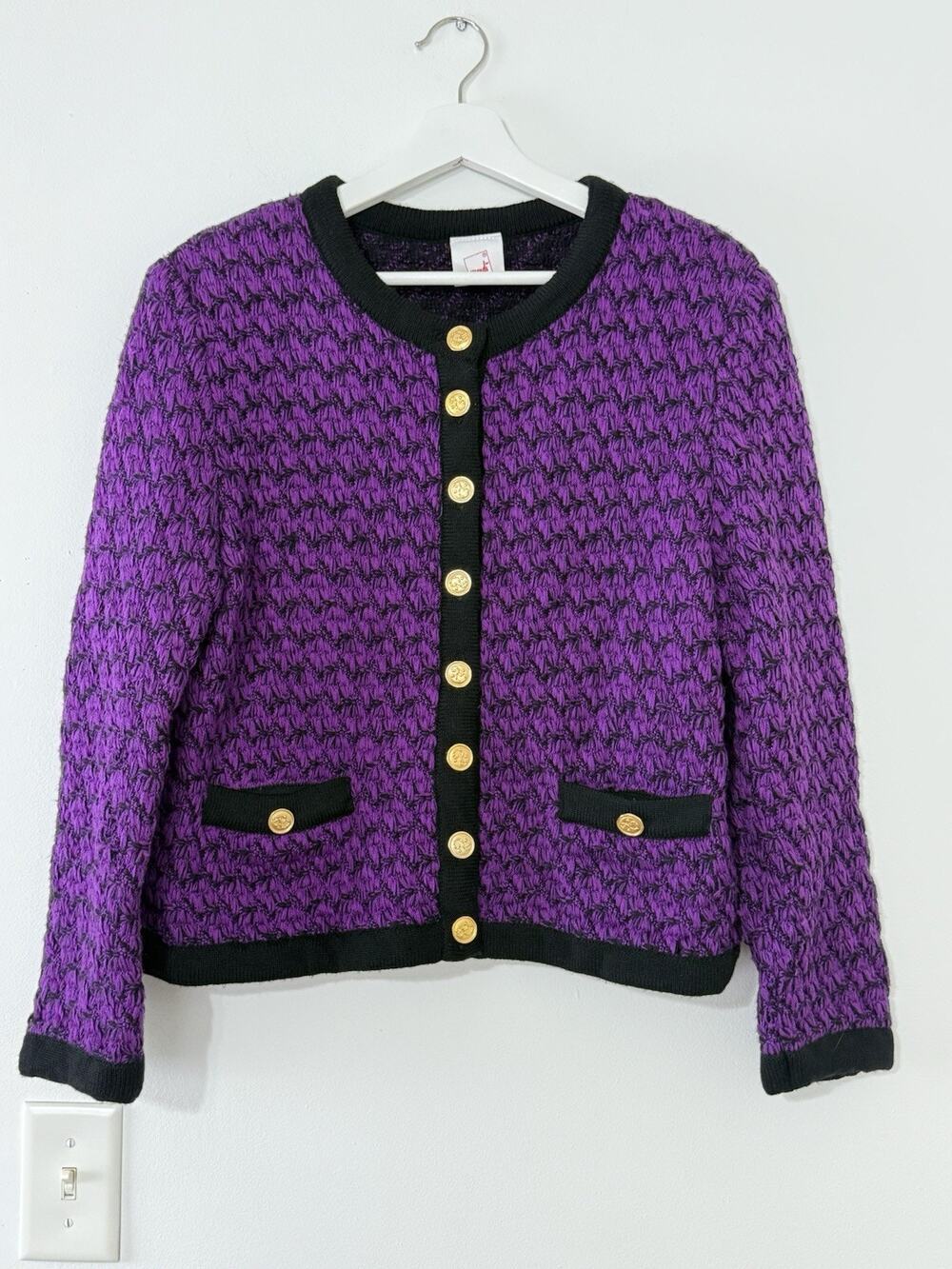 Vtg Mondi Purple Knit Cardigan Sweater Jacket Gold Buttons Made in Yugoslavia 42